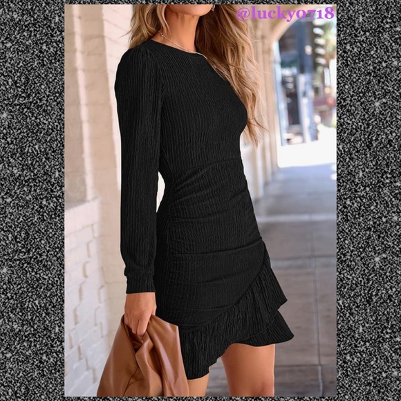 PrettyGarden NWT Black Ruched Bodycon Long Puff Sleeve Mini Dress in Black Sz S - Picture 3 of 10